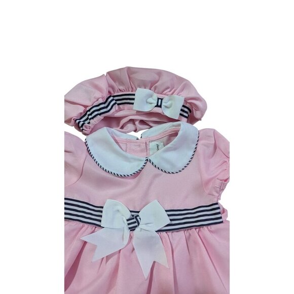 Rare EditionsBaby Girls Twill Dress Matching Hat size 18M pink black stripes - Picture 3 of 6